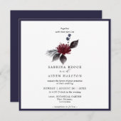 ネイビーブルーブルゴーニュレッドフローラ結婚ズ 招待状 (正面/裏面)