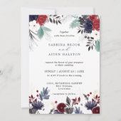 ネイビーブルーブルゴーニュレッドフローラ結婚ズ 招待状 (正面)