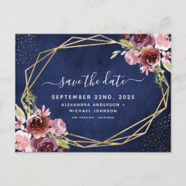 ネイビーブルーブルゴーニュ幾何学的フローラ保存日 案内ポストカード