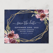 ネイビーブルーブルゴーニュ幾何学的フローラ保存日 案内ポストカード (正面)