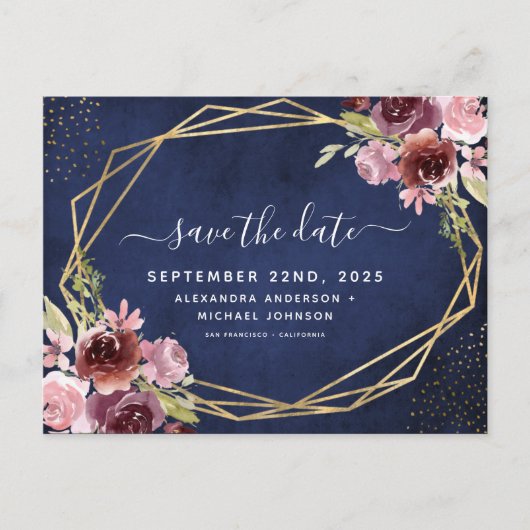 ネイビーブルーブルゴーニュ幾何学的フローラ保存日 案内ポストカード (正面)