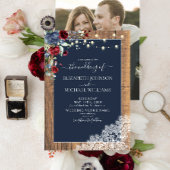 ネイビーブルーブルゴーニュ木材スクリプトレースフォト結婚ズ 招待状