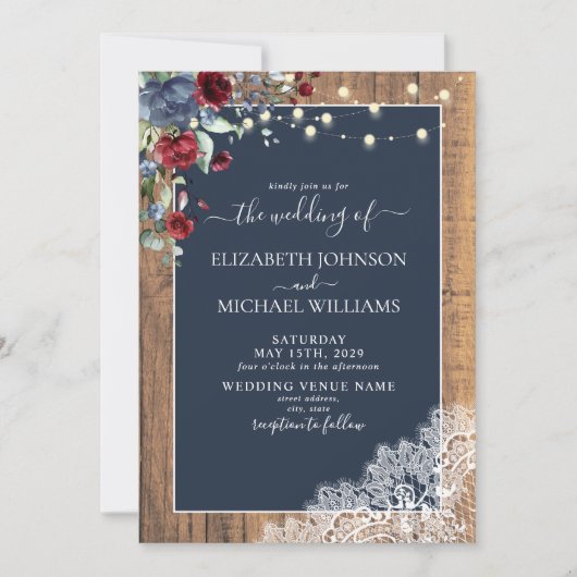 ネイビーブルーブルゴーニュ木材スクリプトレースフォト結婚ズ 招待状 (正面)