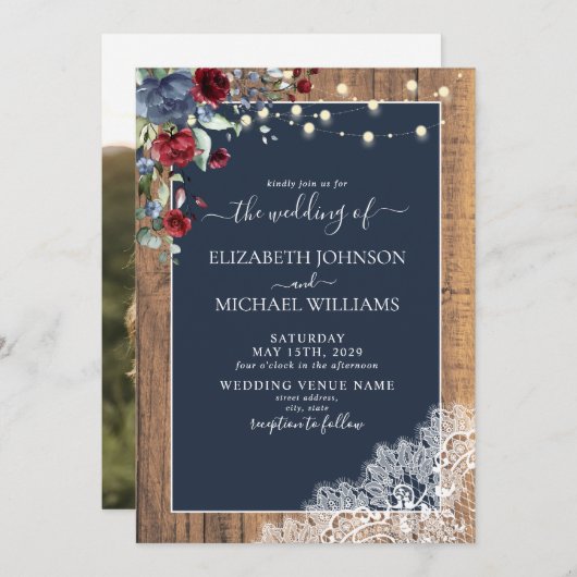 ネイビーブルーブルゴーニュ木材スクリプトレースフォト結婚ズ 招待状 (正面/裏面)