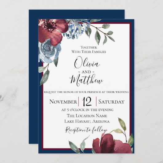 ネイビーブルーブルゴーニュ植物結婚式招待状 招待状 (正面/裏面)