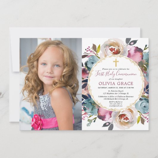 ネイビーブルーブルゴーニュ第一聖餐会の写真 招待状 (正面)