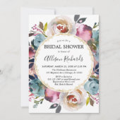 ネイビーブルーブルゴーニュ素朴フローラブライダルシャワー 招待状 (正面)