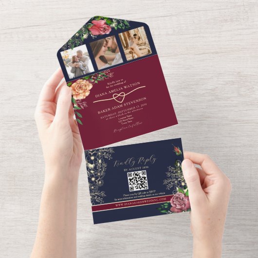 ネイビーブルーブルゴーニュ結婚フローラ オールインワン招待状 (貼ってはがせる)