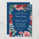 ネイビーブルーブルゴーニュ結婚フローラ 招待状 (正面/裏面)