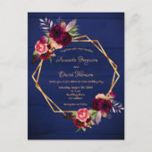ネイビーブルーブルゴーニュ花模様結婚式招待状 ポストカード (正面)
