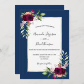 ネイビーブルーブルゴーニュ花模様金ゴールドボホ結婚ズ 招待状 (正面/裏面)