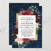 ネイビーブルーブルゴーニュ赤面と金ゴールド婚約パーティ 招待状 (正面/裏面)