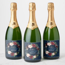 ネイビーブルーブルゴーニュ赤面ウォーターカラーリース結婚ズ スパークリングワインラベル