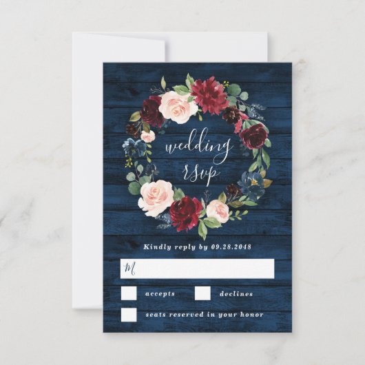 ネイビーブルーブルゴーニュ赤面ウォーターカラーリース結婚ズ 出欠カード (正面)