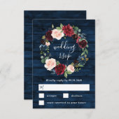 ネイビーブルーブルゴーニュ赤面ウォーターカラーリース結婚ズ 出欠カード (正面/裏面)