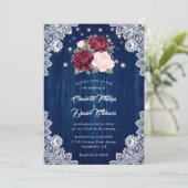 ネイビーブルーブルゴーニュ赤面ウッドレース結婚フローラ 招待状 (スタンド正面)