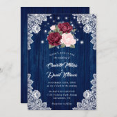 ネイビーブルーブルゴーニュ赤面ウッドレース結婚フローラ 招待状 (正面/裏面)
