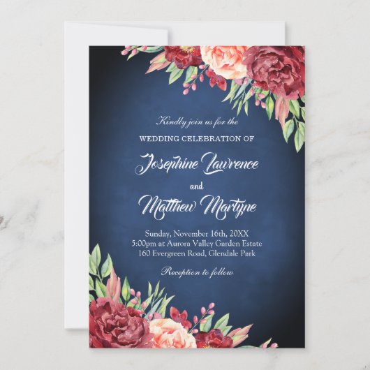 ネイビーブルーブルゴーニュ赤面エレガントフローラ結婚ズ 招待状 (正面)