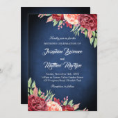 ネイビーブルーブルゴーニュ赤面エレガントフローラ結婚ズ 招待状 (正面/裏面)