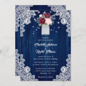 ネイビーブルーブルゴーニュ赤面バラウッドフローラ結婚ズ 招待状 (正面/裏面)