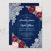 ネイビーブルーブルゴーニュ赤面バーンウッドレース結婚ズ 招待状 (正面/裏面)