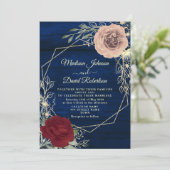 ネイビーブルーブルゴーニュ赤面ピンクと金ゴールド結婚ズ 招待状 (スタンド正面)
