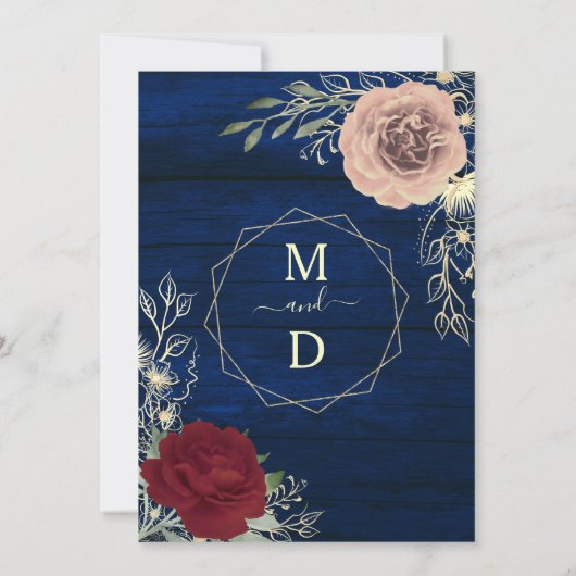 ネイビーブルーブルゴーニュ赤面ピンクと金ゴールド結婚ズ 招待状 (裏面)