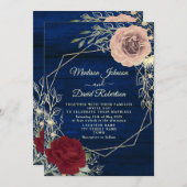 ネイビーブルーブルゴーニュ赤面ピンクと金ゴールド結婚ズ 招待状 (正面/裏面)