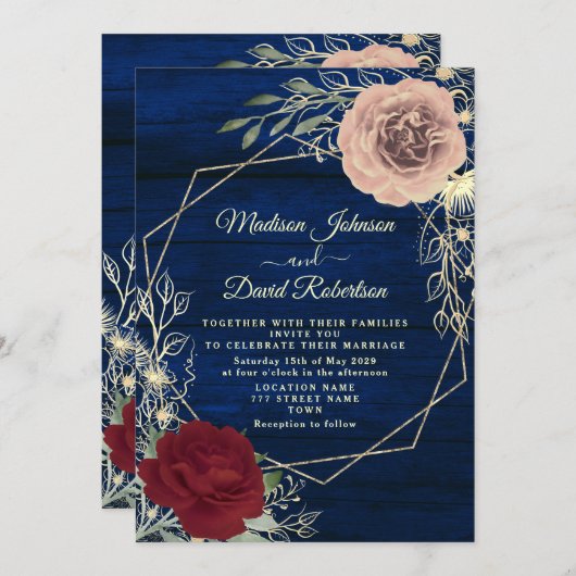 ネイビーブルーブルゴーニュ赤面ピンクと金ゴールド結婚ズ 招待状 (正面/裏面)