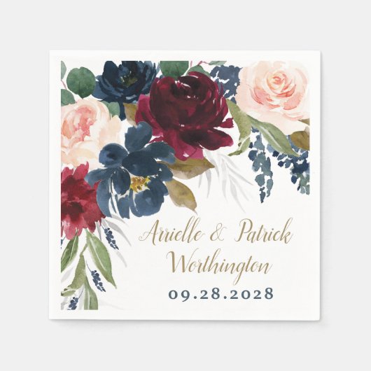 ネイビーブルーブルゴーニュ赤面ピンクシルバー結婚金ゴールド スタンダードカクテルナプキン (正面)