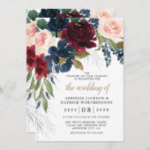 ネイビーブルーブルゴーニュ赤面ピンクシルバー結婚金ゴールド 招待状 (正面/裏面)