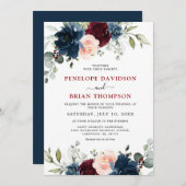 ネイビーブルーブルゴーニュ赤面ピンクフローラズ 招待状 (正面/裏面)