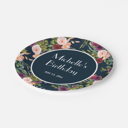 ネイビーブルーブルゴーニュ赤面ピンクフローラ誕生日 ペーパープレート (アングル)