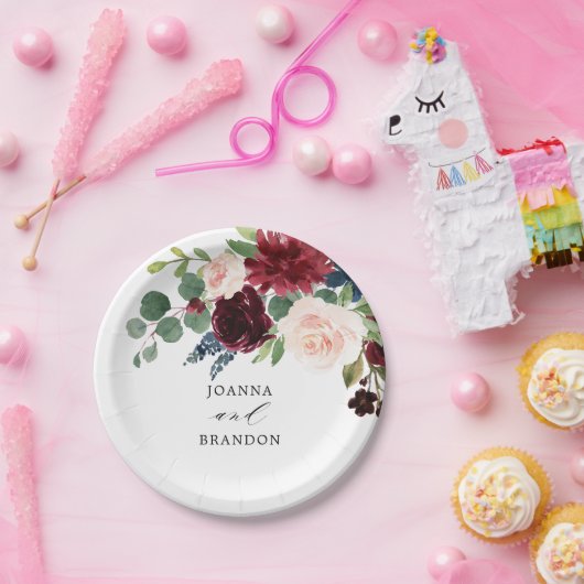 ネイビーブルーブルゴーニュ赤面ピンクボタニッ結婚クス ペーパープレート (パーティー)