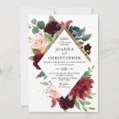 ネイビーブルーブルゴーニュ赤面ピンクローズボホ結婚ズ 招待状 (正面)