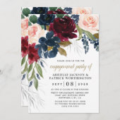 ネイビーブルーブルゴーニュ赤面ピンク婚約パーティ 招待状 (正面/裏面)