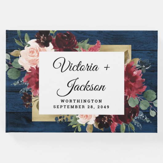 ネイビーブルーブルゴーニュ赤面ピンク素朴金ゴールド結婚ズ ゲストブック (正面)