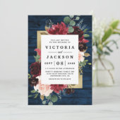 ネイビーブルーブルゴーニュ赤面ピンク素朴金ゴールド結婚ズ 招待状 (スタンド正面)