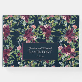 ネイビーブルーブルゴーニュ赤面ピンク結婚フローラ ゲストブック