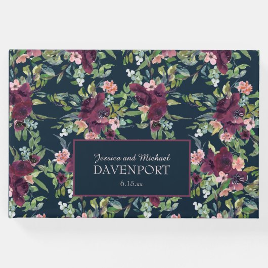 ネイビーブルーブルゴーニュ赤面ピンク結婚フローラ ゲストブック (正面)