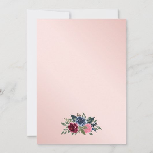 ネイビーブルーブルゴーニュ赤面ピンク結婚フローラ セーブザデート (裏面)