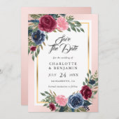 ネイビーブルーブルゴーニュ赤面ピンク結婚フローラ セーブザデート (正面/裏面)