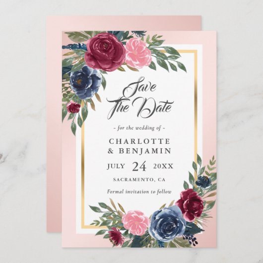 ネイビーブルーブルゴーニュ赤面ピンク結婚フローラ セーブザデート (正面/裏面)