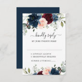 ネイビーブルーブルゴーニュ赤面ピンク結婚フローラ 出欠カード (正面/裏面)