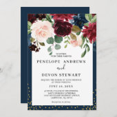 ネイビーブルーブルゴーニュ赤面ピンク結婚フローラ 招待状 (正面/裏面)