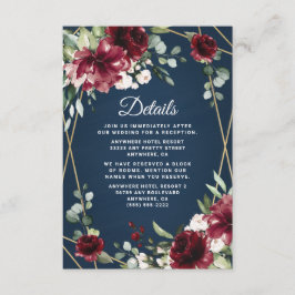 ネイビーブルーブルゴーニュ赤面ピンク金ゴールドフローラ結婚ズ エンクロージャーカード