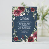 ネイビーブルーブルゴーニュ赤面ピンク金ゴールドフローラ結婚ズ エンクロージャーカード (スタンド正面)