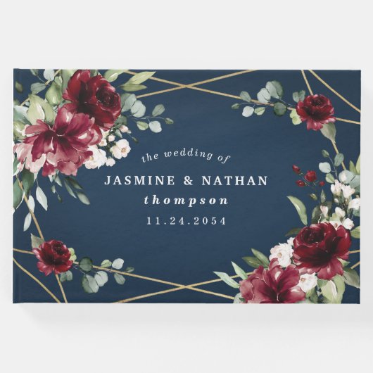 ネイビーブルーブルゴーニュ赤面ピンク金ゴールドフローラ結婚ズ ゲストブック (正面)