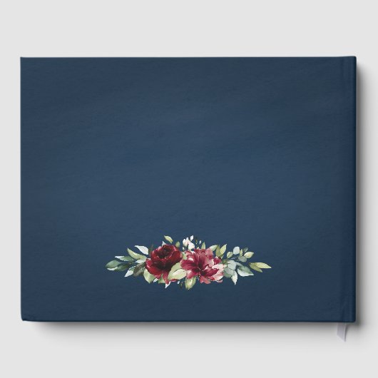 ネイビーブルーブルゴーニュ赤面ピンク金ゴールドフローラ結婚ズ ゲストブック (裏面)