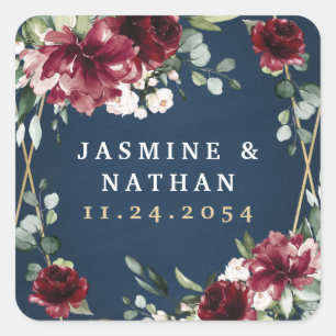 ネイビーブルーブルゴーニュ赤面ピンク金ゴールドフローラ結婚ズ スクエアシール